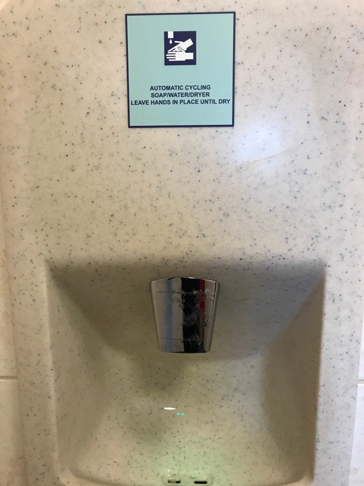 20 pence to use the bathroom. Hand-washing station inside is automatic.